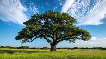 Majestic oak tree standing in a vast green field under a bright blue sky with scattered clouds photo