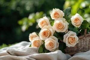 Beautiful wicker basket filled with fresh peach-colored roses resting on soft fabric with a lush green garden background romantic floral scene photo