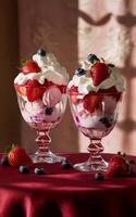 Two glass dessert cups are filled with scoops of ice cream topped with whipped cream, strawberries, and blueberries photo