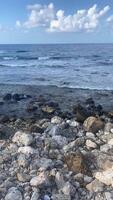 A view of the vast ocean, horizon between the ocean and sky with white clouds, waves crashing against a rocky shore video