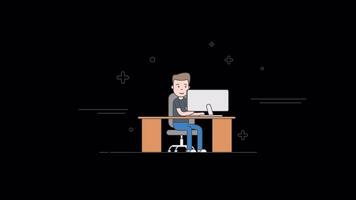 jovem profissional trabalhando dentro escritório 2d movimento gráficos animação em alfa canal video