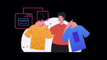 Boy Buying Clothes and Choosing 2D Motion Graphics Animation On Alpha Channel video