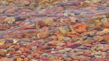 round rocks at the beach lit by sun light through thin layer of water with mild surf waves, closeup full-frame background. video