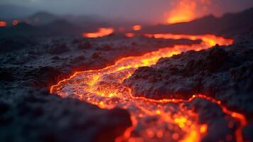 Lava flowing from a volcano in the middle of a dark, rocky area photo
