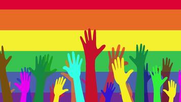 Many hands raised in the air in front of a rainbow flag animation video