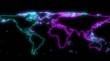 Neon Glowing World Map with Bright Colorful Outline on Black Background video