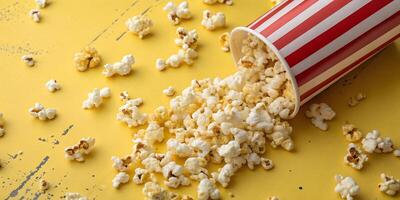 Spilled Popcorn from Red and White Paper Cup on Yellow Background photo