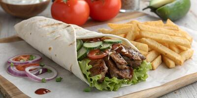 Grilled Chicken Wrap with Fresh Vegetables and French Fries photo