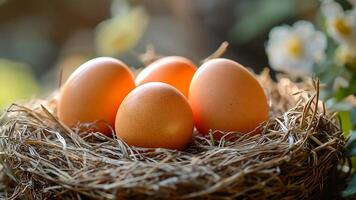 Brown eggs resting in a cozy straw nest surrounded by greenery and delicate flowers video