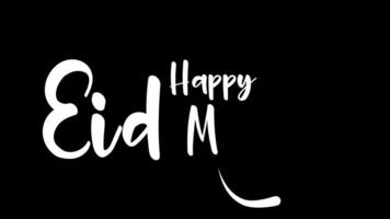 Happy Ied Mubarak white text animation, suitable for social media posts, greeting cards, and festive design projects celebrating Eid alFitr. video