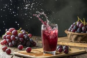 Refreshing Glass of Grape Juice with Splash and Fresh Grapes photo