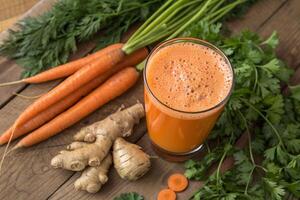 Fresh Carrot Juice with Carrots and Ginger on Wooden Table photo