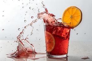 Refreshing Splash of Red Drink with Lemon Slice and Ice Cubes photo