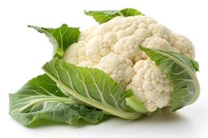 Fresh Organic Cauliflower with Green Leaves on White Background photo