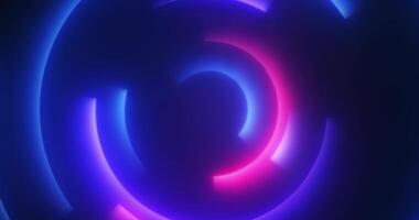 Glowing neon lines in circle shape, bright neon lamps, beautiful lights, flickering, laser show, stage, background flickering lamps. 3D rendering video