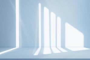 Blue Background for Summer design,Studio room with light on podium for product display,Empty abstract backdrop wall texture with abstract sunlight from window on floor concrete for Spring background photo