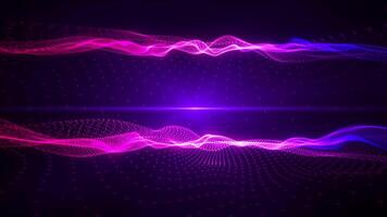 Abstract purple digital dynamic particle waves with motion light background, data flow, cyber technology. 3d rendering video