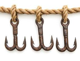 Three Rusty Double Hooks Hang From Rope photo