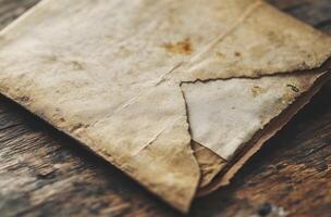 Aged Paper Documents Resting On Wooden Surface photo