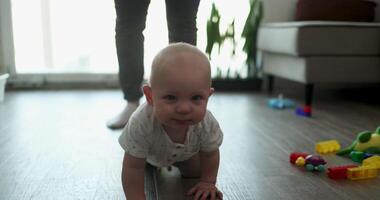 A Parent and their Baby Engaging in a Fun Crawling Activity Together in a Cozy Home Setting video