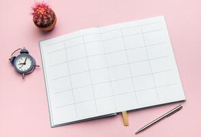 Open notebook, pen, alarm clock, and cactus on pink background symbolizing planning and productivity photo