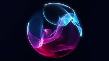 Pink and blue gradient energy wavy sphere with particle field. Shimmering glowing liquid particle orb on dark background. Minimalistic digital futuristic waveform ball screensaver. 4k 60fps looped. video