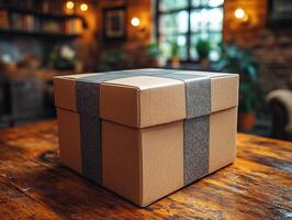 Gift box on table in cozy cafe, window view photo