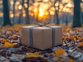 Gift box in autumn forest at sunset photo
