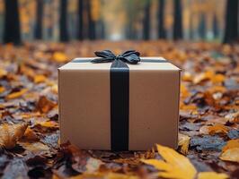 Gift box with black ribbon on autumn leaves in park photo
