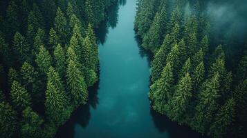 Aerial view of river flowing through misty pine forest photo