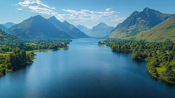 Aerial view of serene lake, green shores, mountains under sunny sky photo