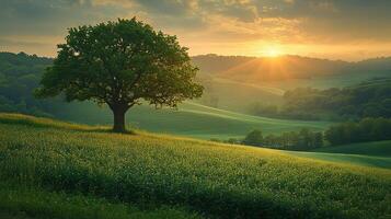 Lone tree in rolling hills at sunrise photo