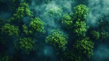 Aerial Misty Forest Canopy Lush Green Trees, Fog, Dark Atmosphere photo