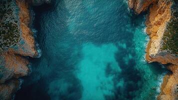 Aerial view of turquoise cove between rocky cliffs at sunset photo