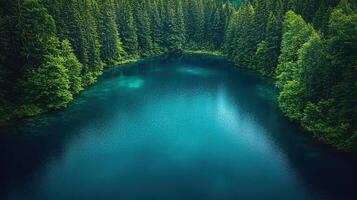 Aerial view of turquoise lake in lush green forest photo