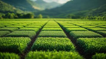 Green field plots in valley, mountain background, agricultural research photo