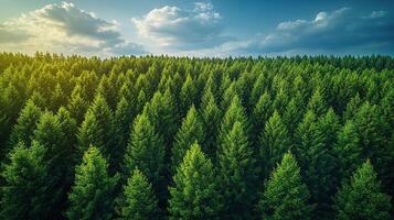 Aerial forest sunset, green trees, cloudy sky photo