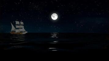 Calm Waves, Sailing ship sails over the ocean on a moonlit night, Exclusive, Background video