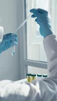 uma dedicada cientista dentro uma laboratório casaco e luvas usa uma pipeta para transferir líquido para dentro uma teste tubo, exibindo a meticuloso natureza do científico pesquisa e essencial vacina desenvolvimento video