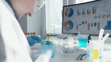 A dedicated scientist in a lab coat and gloves examines petri dishes while analyzing data on a computer screen, showcasing the process of scientific research in vaccine development. video