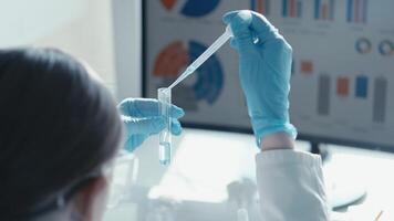 A dedicated scientist uses a precise pipette to transfer liquids into a test tube, highlighting the vital precision required in vaccine and medicine research for public health and safety video