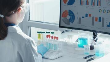 A skilled researcher in a white lab coat analyzes complex data on their computer, surrounded by vibrant lab glassware from exciting experiments and groundbreaking scientific findings video