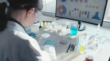 A dedicated scientist in a modern lab examines biological samples and analyzes data on a monitor to advance medical research and develop innovative vaccines for better health outcomes video