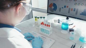 A dedicated scientist in a laboratory setting works meticulously with test tubes and monitors data analysis on a computer screen, reflecting advanced scientific research in medicine. video