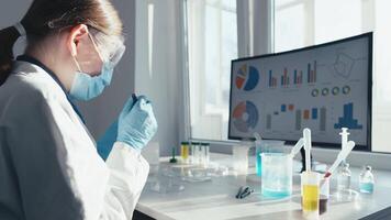 uma dedicada fêmea cientista dentro uma laboratório casaco e protetora engrenagem é meticulosamente analisando amostras às uma bem equipado médico laboratório, cercado de colorida líquidos e dados visualizações. video