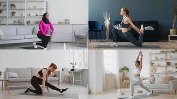 Individuals of different backgrounds participate in various athletic activities indoors, showcasing healthy lifestyles and fitness routines in a relaxed home environment. video