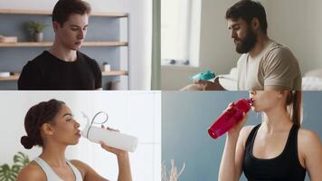 Four individuals of varying backgrounds focus on their fitness routines indoors, preparing healthy drinks and discussing athletic goals. The atmosphere is energetic and supportive. video