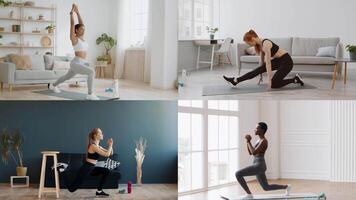 A collection of athletic individuals performing various workouts indoors. Each person showcases unique exercises in distinct areas of a stylish, modern home, promoting a healthy lifestyle. video