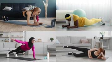 Four individuals of varying backgrounds perform athletic exercises in a home setting. Their activities include planking and side lunges, promoting a healthy lifestyle through fitness. video