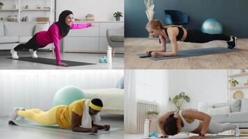 en samling av individer från annorlunda bakgrunder utför olika atletisk övningar inomhus. varje deltagare ställer ut unik kondition rutiner i en friska livsstil miljö. video